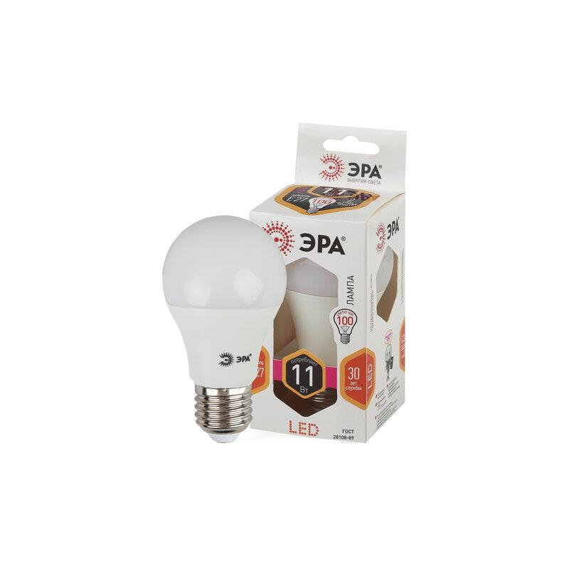 Лампа светодиодная ЭРА 11 (100) Вт, цоколь E27, груша, теплый белый свет, 25000 ч., LED, smdA60-10w-827-E27, Б0030910