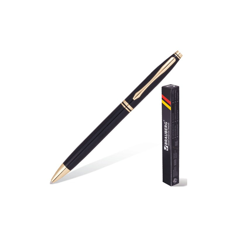 Ручка бизнес-класса шариковая BRAUBERG "De Luxe Black", корпус черный, золотистые детали, 1 мм, синяя, 141411