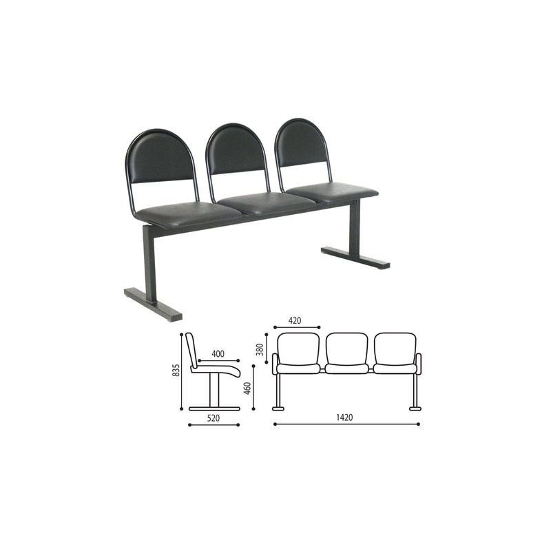 COMFORUM Кресло для посетителей трехсекционное "Тройка", 835х1420х520 мм, черный каркас, черный кожзам., СМ 91-03 К01