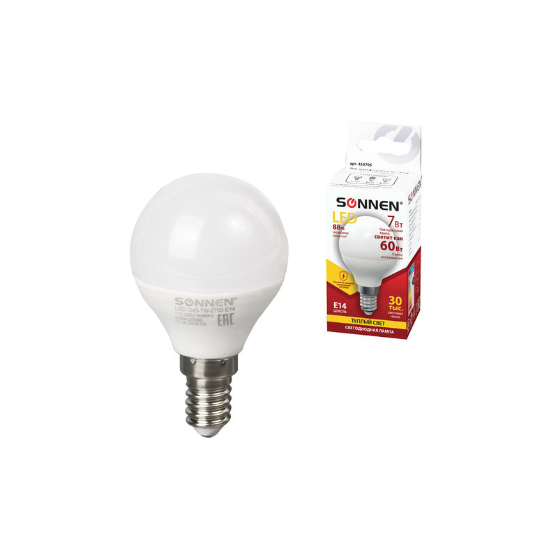 Лампа светодиодная SONNEN 7 (60) Вт, цоколь Е14, шар, теплый белый свет, LED G45-7W-2700-E14, 453705