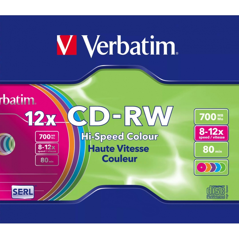 Диск Verbatim  CD-RW 700Mb 8-12x DL+ Slim Color, 1шт (43167)