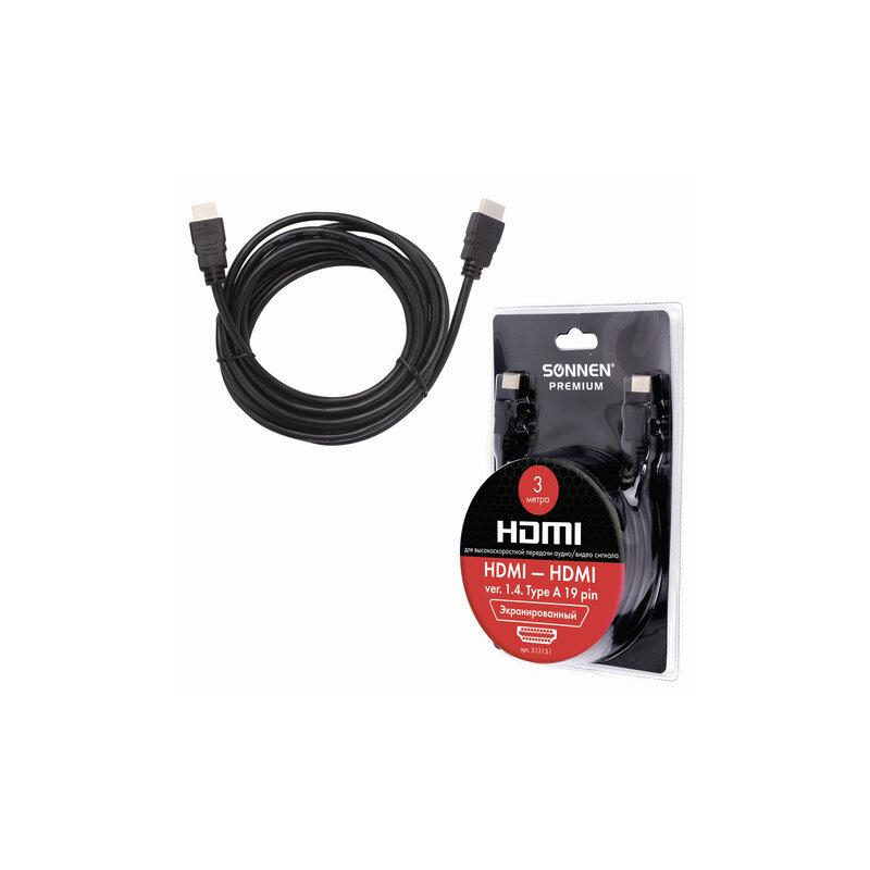 Кабель HDMI AM-AM, 3 м, SONNEN Premium, медь, для передачи аудио-видео, экранированный, 513131