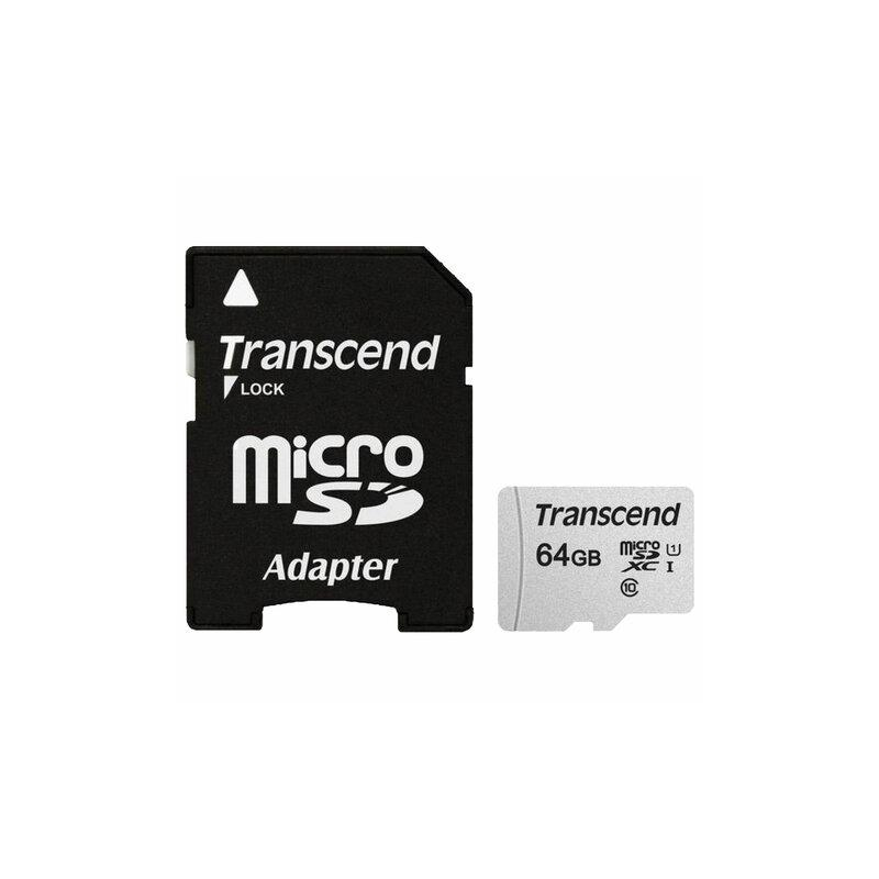 Карта памяти microSDXC 64 GB Transcend UHS-I U1, 95 Мб/сек (class 10), адаптер, TS64GUSD300S-A