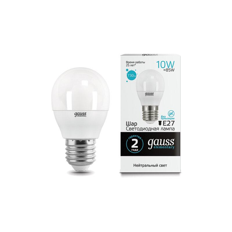 Лампа светодиодная GAUSS 10(85)Вт, цоколь Е27, шар, нейтральный белый, 25000 ч, LED G45-10W-4100-E27, 53220