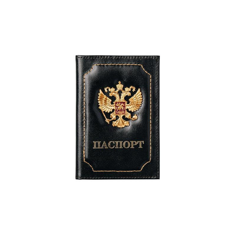 Обложка для паспорта натуральная кожа шик, 3D герб  тиснение ПАСПОРТ, черная, BRAUBERG 238201