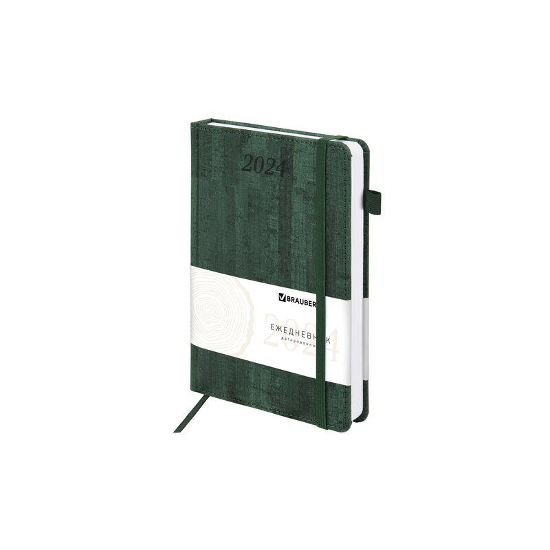Ежедневник датированный 2024 А5 138x213мм BRAUBERG Wood, под кожу, держатель для ручки, зеленый, 114902