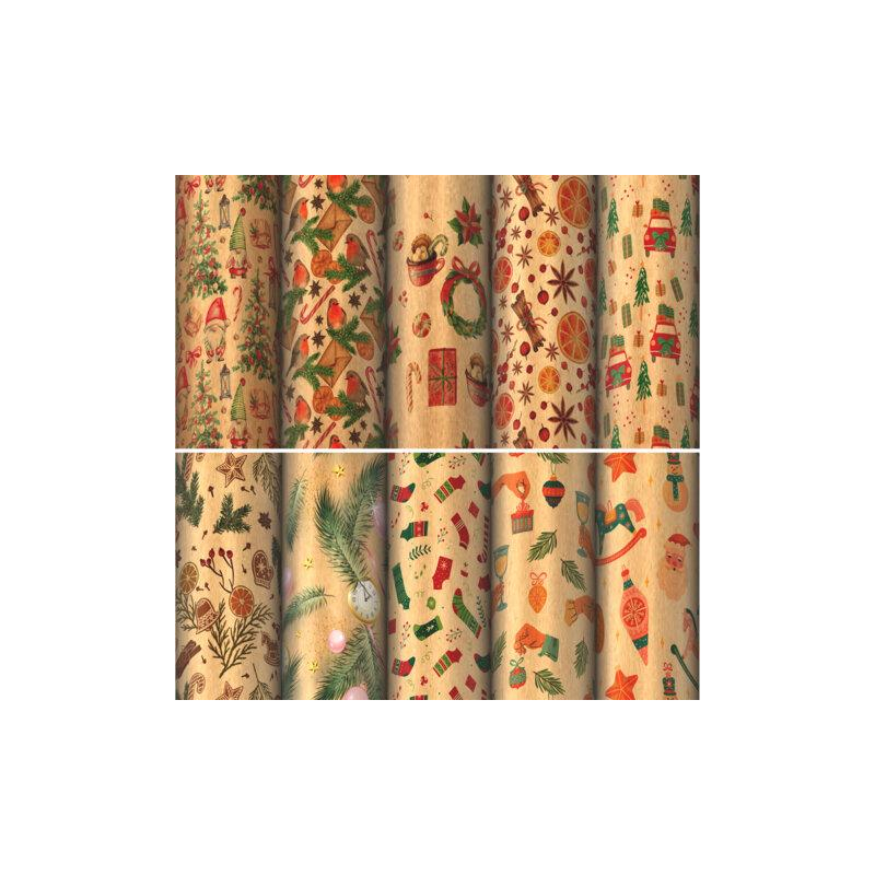 Бумага упаковочная новогодняя Christmas Kraft 70*100см, 10 дизайнов ассорти, ЗОЛОТАЯ СКАЗКА 592053