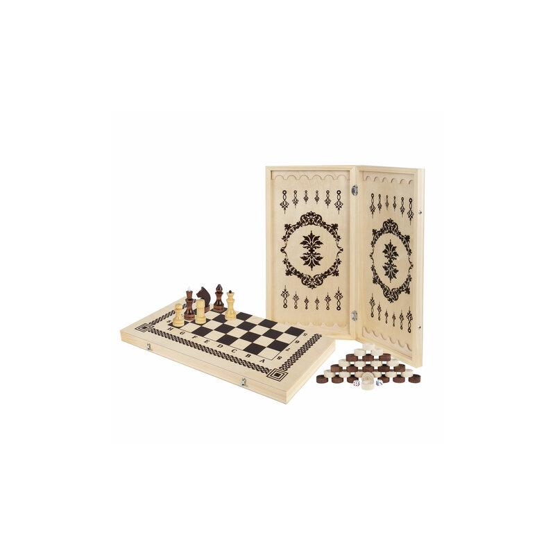Шахматы, шашки, нарды 3в1 деревянные, лакированные, глянцевые, доска 40*40см, ЗОЛОТАЯ СКАЗКА 665364