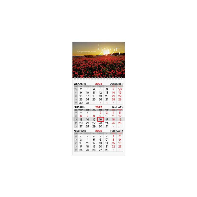 Календарь квартальный 2025г, 1 блок 1 гребень бегунок, мелованная бумага, BRAUBERG Цветочное поле, 116129