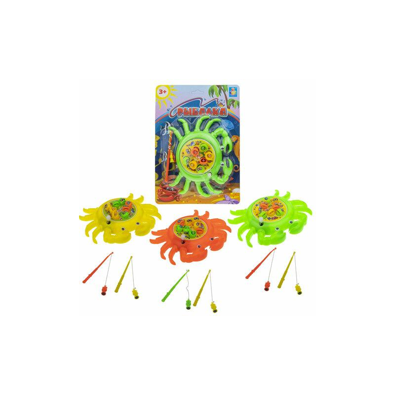 Игра-рыбалка КРАБИК С РЫБКАМИ, механическая, 8 рыбок, 2 удочки, АССОРТИ, 3 вида, 1TOY Т52137