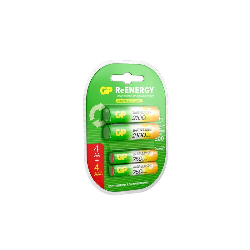 Батарейки аккумуляторные GP ReEnergy Ni-Mh НАБОР 8 шт. (ПРОМО 44), AAААА (HR6HR03), 2000 mAh  750 mAh, 210AAHC/75AAAHC