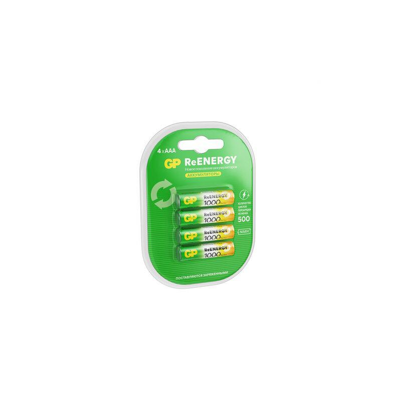 Батарейки аккумуляторные GP ReEnergy Ni-Mh мизинчиковые КОМПЛЕКТ 4 шт., ААА (HR03), 950 mAh, 100AAAHCRGY, 100AAAHCRGY-2C