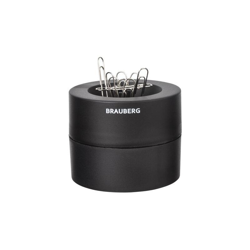 Скрепочница магнитная BRAUBERG с 30 скрепками, большой бочонок, черная, 225191