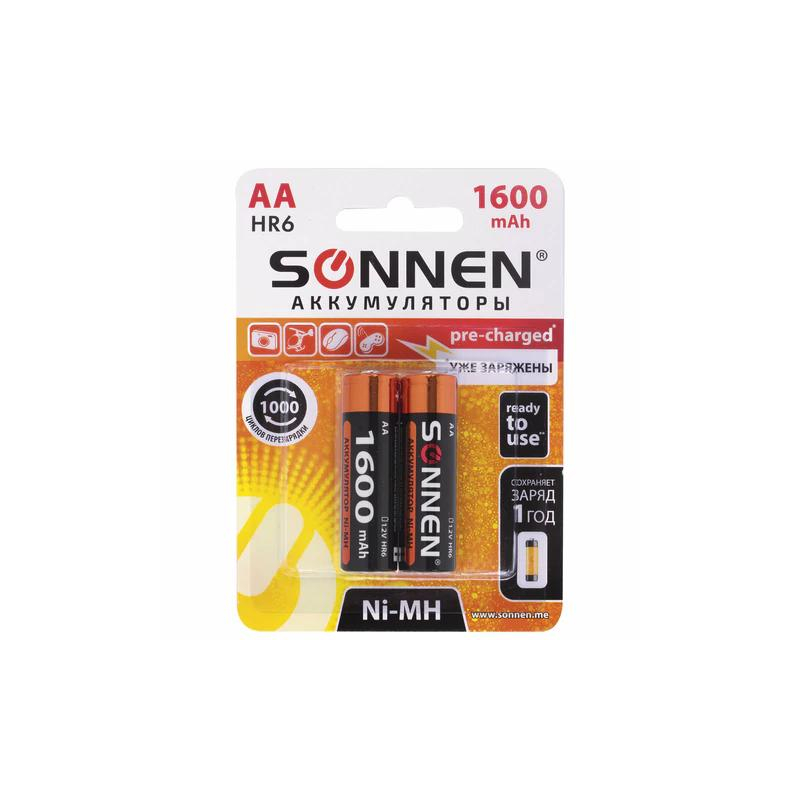 Батарейки аккумуляторные Ni-Mh пальчиковые КОМПЛЕКТ 2 шт., АА (HR6) 1600 mAh, SONNEN 454233