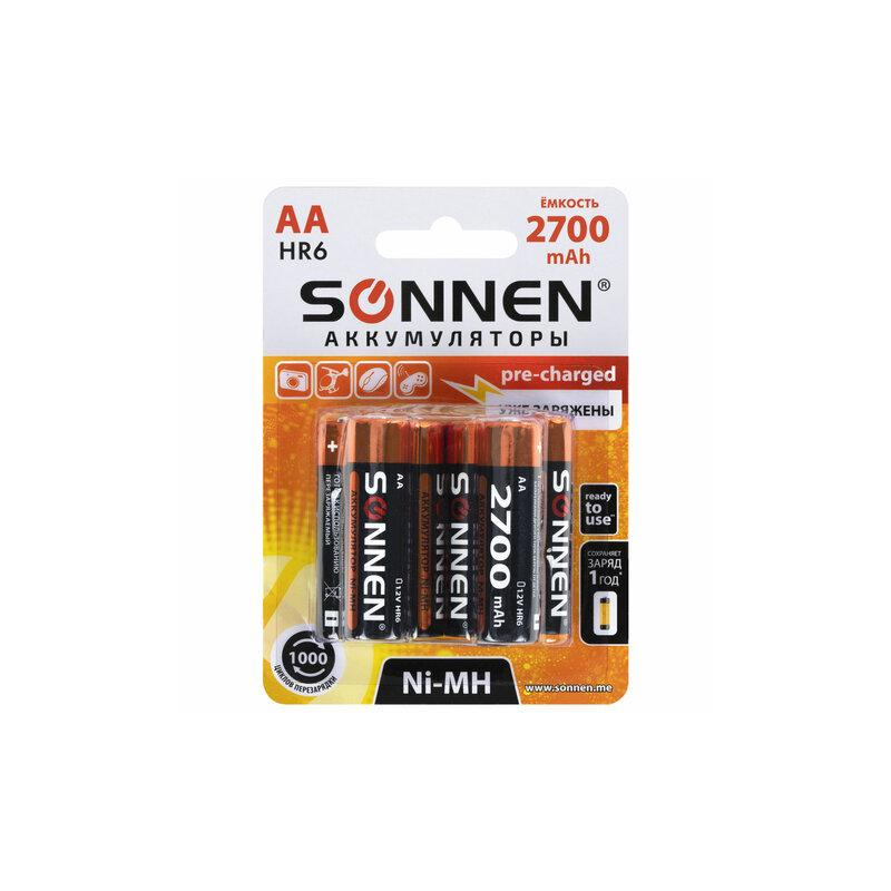 Батарейки аккумуляторные Ni-Mh пальчиковые КОМПЛЕКТ 6 шт., АА (HR6) 2700 mAh, SONNEN 455608