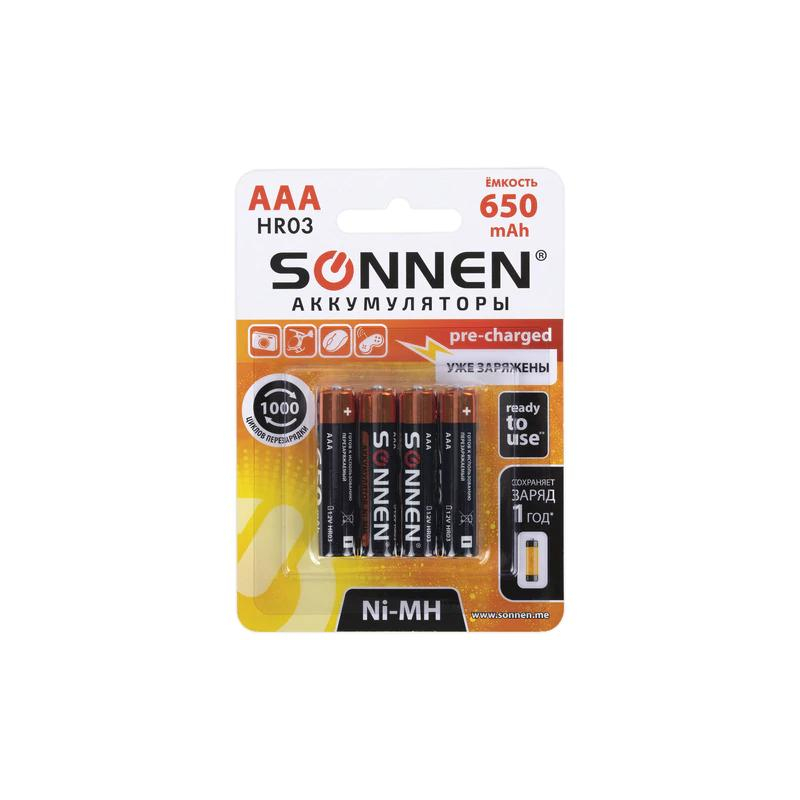 Батарейки аккумуляторные Ni-Mh мизинчиковые КОМПЛЕКТ 4 шт., AAA (HR03) 650 mAh, SONNEN 455609