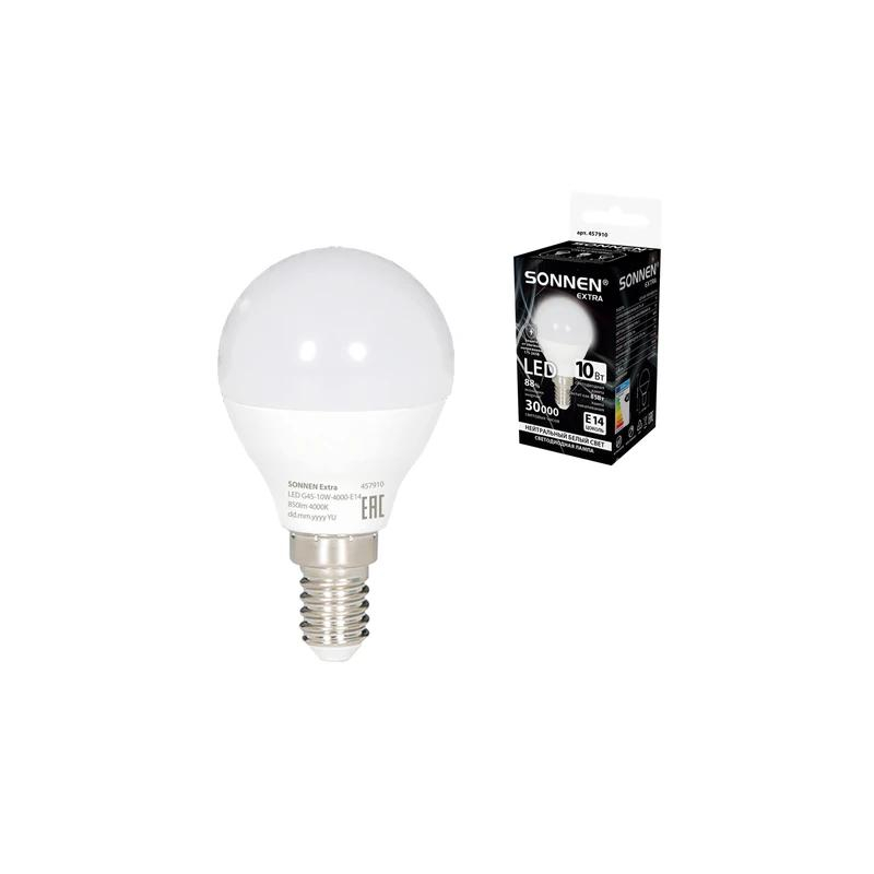 Лампа светодиодная SONNEN EXTRA,10 (85) Вт, E14, шар, нейтральный белый, 30000 ч, LED G45-10W-4000-Е14, 457910