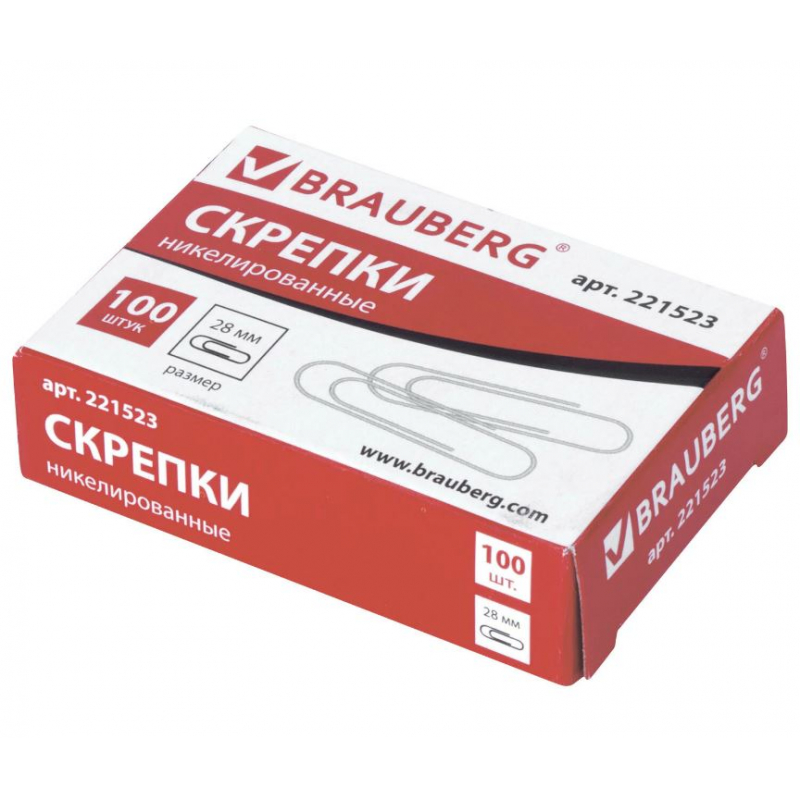 Скрепки никелированные    BRAUBERG 28мм 100шт 221523