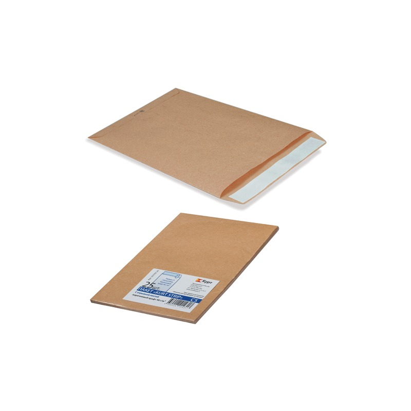 КУРТ Конверт-пакет В4 плоский, комплект 25 шт., 250х353 мм, отрывная полоса, крафт-бумага, коричневый, на 140 листов, 380090.25