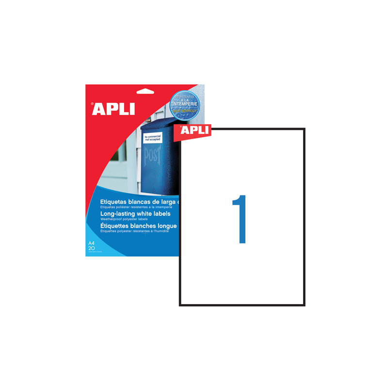 Этикетка самоклеящаяся APLI на листе формата А4, 1 этикетка, размер 210х297 мм, всепогодная, белая, 20 л., 01228