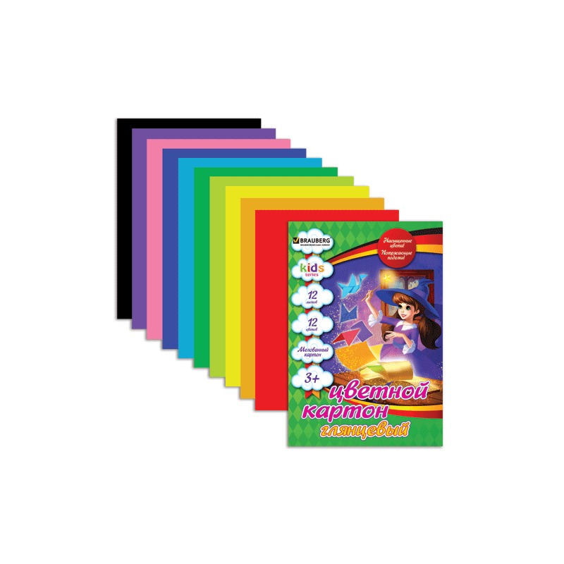 Цветной картон, А4, мелованный, 12 цветов, 200 г/м2, BRAUBERG "Чародейка", 200х290 мм, 124770