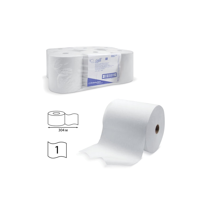 Полотенца бумажные рулонные KIMBERLY-CLARK Scott, комплект 6 шт., 304 м, белые, диспенсер 601536, АРТ. 6667