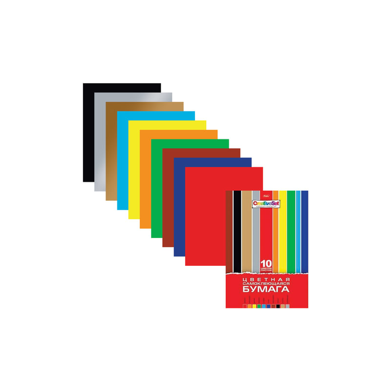 Цветная бумага, А4, самоклеящаяся, 10 цветов, Hatber "Creative", 194х280 мм, 10Бц4с 05934, N050880