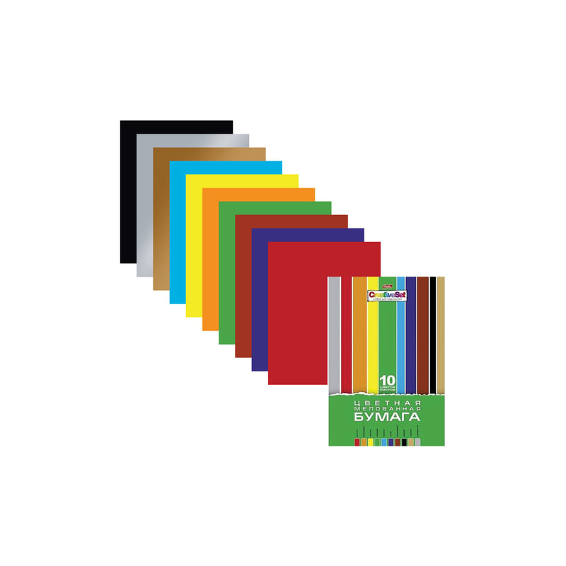 Цветная бумага, А4, мелованная, 10 цветов, Hatber "Creative", 195х280 мм, 10Бц4м 05930, N050842