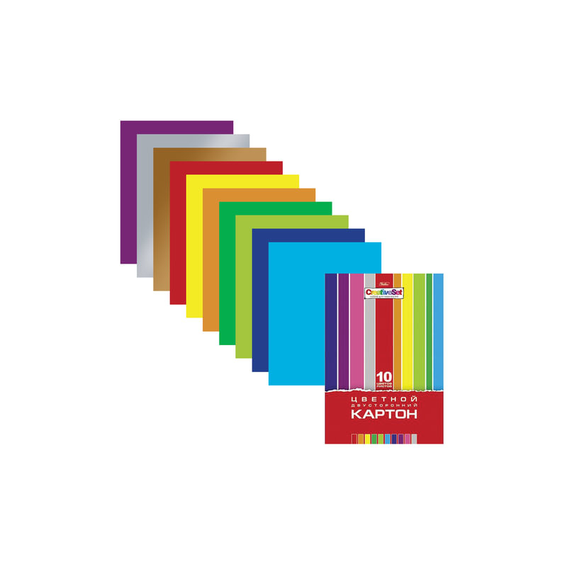Цветной картон, А4, мелованный, двусторонний, 10 цветов, 185 г/м2, Hatber "Creative", 10Кц4 05934, N138007