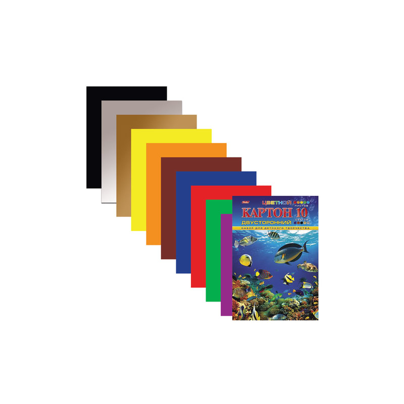 Цветной картон, А4, мелованный, двусторонний, 10 цветов, 185 г/м2, Hatber "Подводный мир", 10Кц4 04109, N138021