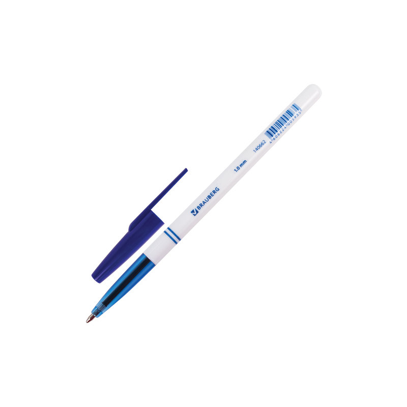 Ручка шариковая BRAUBERG "Офисная", корпус белый, узел 1 мм, линия письма 0,5 мм, синяя, 140662