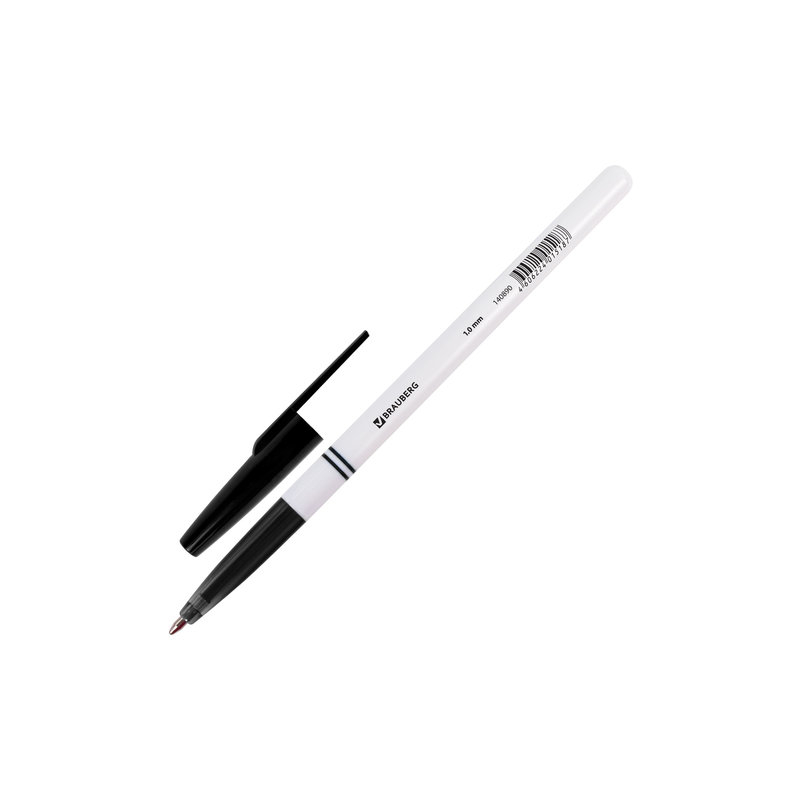 Ручка шариковая BRAUBERG "Офисная", корпус белый, узел 1 мм, линия письма 0,5 мм, черная, 140890