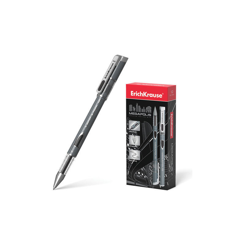 Ручка гелевая ERICH KRAUSE "Megapolis Gel", корпус с печатью, узел 0,5 мм, линия 0,4 мм, черная, 93