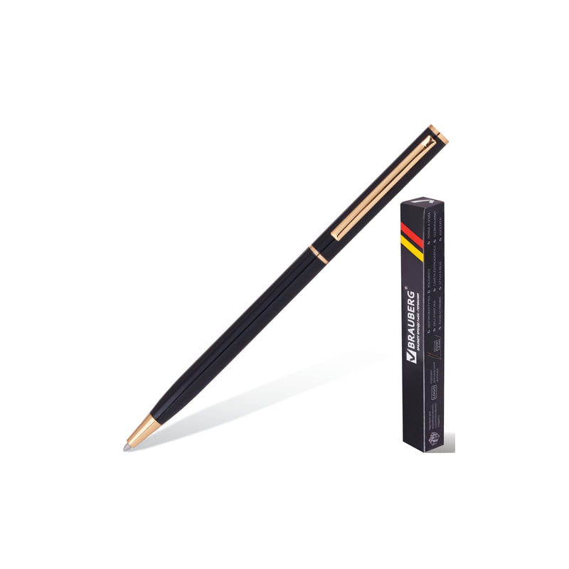 Ручка бизнес-класса шариковая BRAUBERG "Slim Black", корпус черный, золотистые детали, 1 мм, синяя, 141402