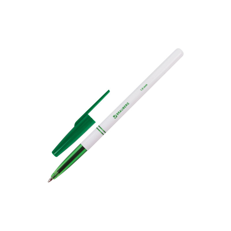 Ручка шариковая BRAUBERG "Офисная", корпус белый, узел 1 мм, линия письма 0,5 мм, зеленая, 141511