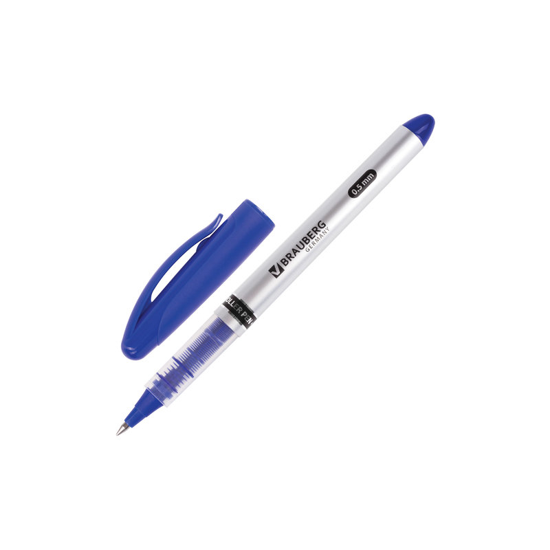 Ручка-роллер BRAUBERG "Control", корпус серебристый, узел 0,5 мм, линия 0,3 мм, синяя, 141554