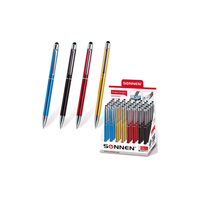 Ручка-стилус SONNEN для смартфонов/планшетов, корпус ассорти, серебристые детали, 1 мм, дисплей, синяя, 141587