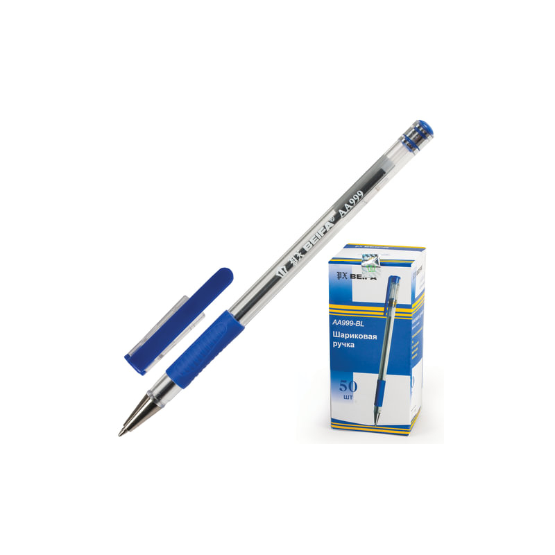 Ручка шариковая Beifa (Бэйфа), корпус прозрачный, узел 0,7 мм, линия 0,5 мм, резиновый упор, синяя, AA999-BL
