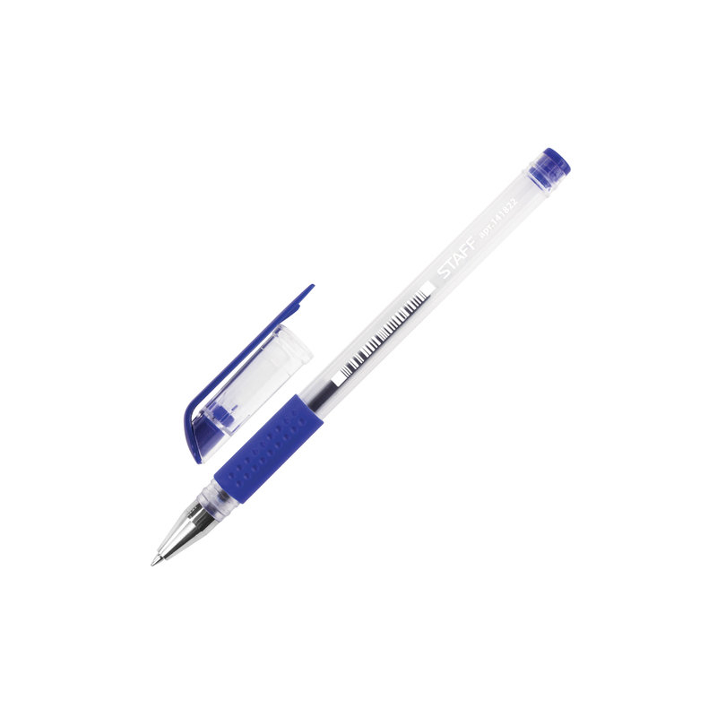 Ручка гелевая STAFF корпус прозрачный, узел 0,5 мм, линия 0,35 мм, резиновый упор, синяя, 141822
