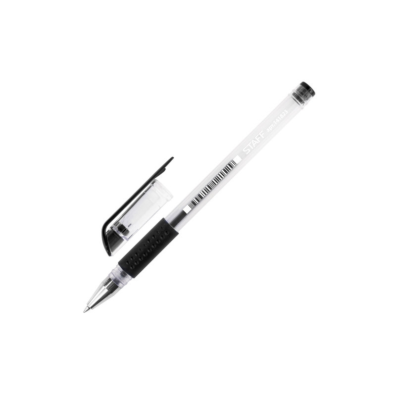 Ручка гелевая STAFF корпус прозрачный, узел 0,5 мм, линия 0,35 мм, резиновый упор, черная, 141823