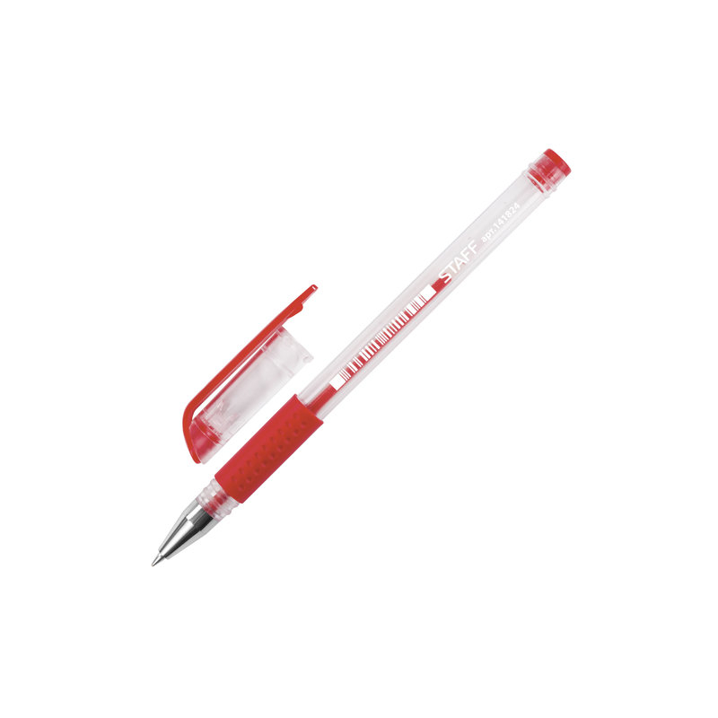 Ручка гелевая STAFF корпус прозрачный, узел 0,5 мм, линия 0,35 мм, резиновый упор, красная, 141824