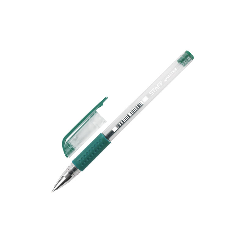 Ручка гелевая STAFF корпус прозрачный, узел 0,5 мм, линия 0,35 мм, резиновый упор, зеленая, 141825