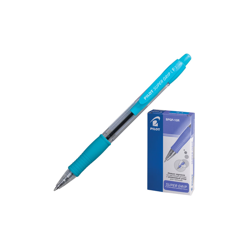 Ручка шариковая масляная автоматическая Pilot "Super Grip", голубые детали, узел 0,7 мм, линия 0,32 мм, синяя, BPGP-10R-F