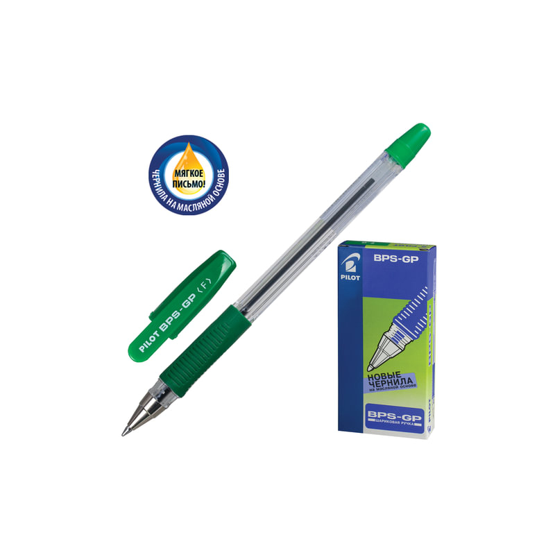 Ручка шариковая масляная Pilot "BPS-GP", корпус прозрачный, узел 0,7 мм, линия 0,32 мм, зеленая, BPS-GP-F