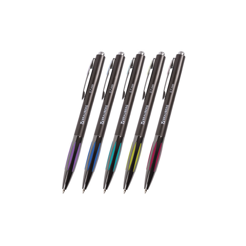 Ручка шариковая автоматическая BRAUBERG "Stripe", корпус ассорти, хромированные детали, узел 0,7 мм, линия 0,35 мм, синяя, 141876