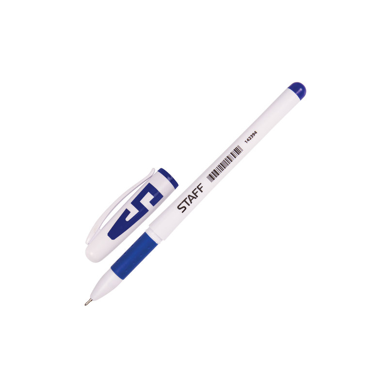 Ручка гелевая STAFF корпус белый, игольчатый узел 0,5 мм, линия 0,35 мм, резиновый упор, синяя, 142394