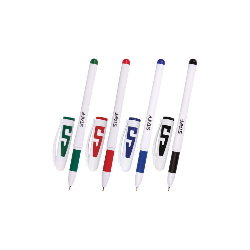 Ручки гелевые STAFF набор 4 шт., корпус белый, узел 0,5 мм, резиновый упор (синяя, черная, красная, зеленая), 142395