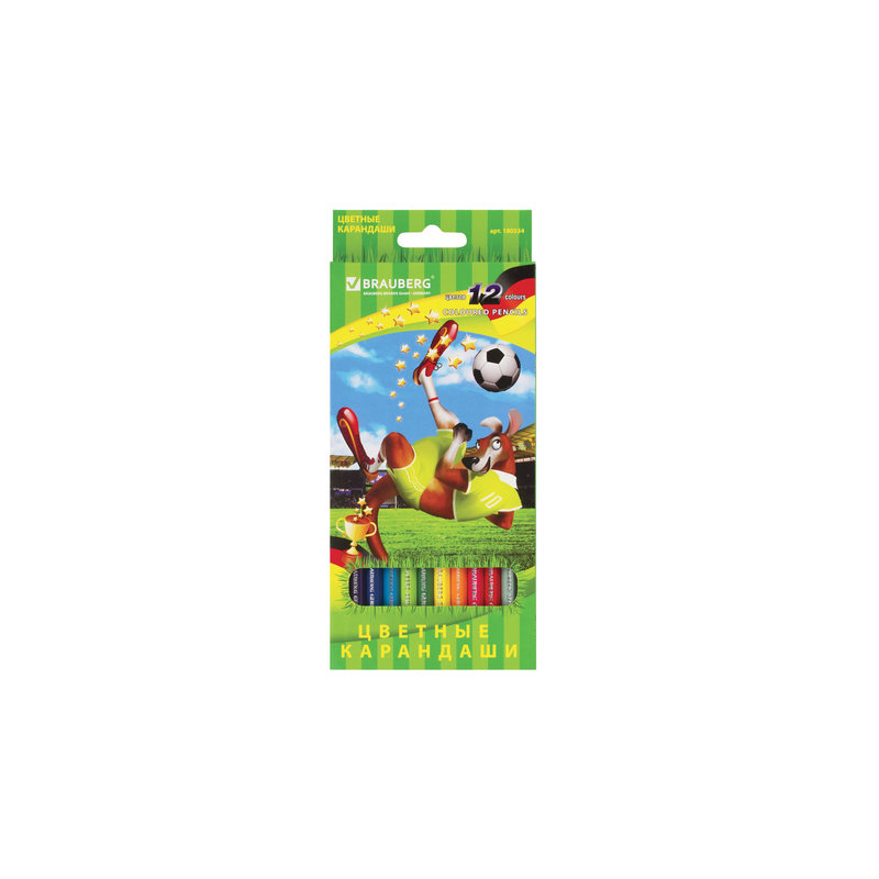 Карандаши цветные BRAUBERG "Football match", 12 цветов, заточенные, картонная упаковка, 180534