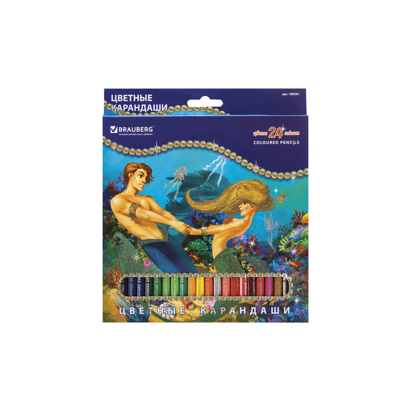Карандаши цветные BRAUBERG "Морские легенды", 24 цв., заточенные, картонная упаковка с блестками, 180561