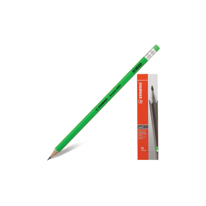 Карандаш чернографитный Stabilo 1 шт., "Swano", HB, корпус неоновый зеленый, с ластиком, заточенный, 4907/010HB